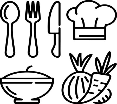 A set of culinary icons including fork, knife, chef hat, bowl, vegetables, and food ingredients. Perfect for restaurant branding, recipe books, and culinary graphics.のイラスト素材