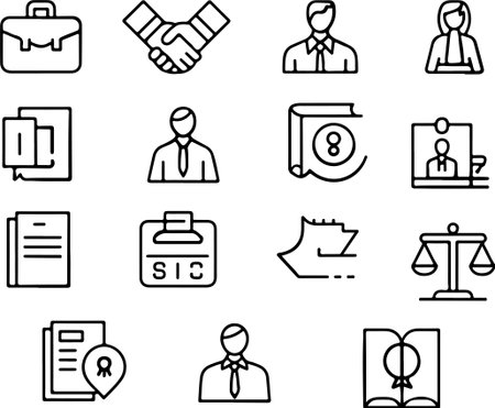 A clean set of business and office-related outline icons, including handshake, employee profiles, documents, briefcases, certificates, and workflow symbols. Ideal for corporate braのイラスト素材
