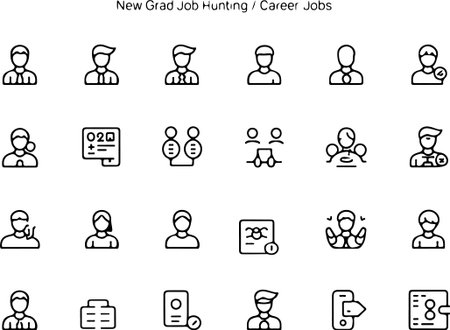 Icons representing job applications, employees, hiring processes, resumes, and candidate profiles. Perfect for HR, recruitment websites, and corporate graphics.のイラスト素材