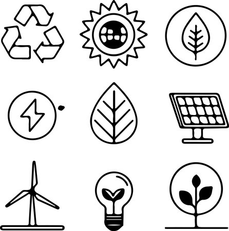 Sustainability-themed outline icons featuring recycling, renewable power, solar panels, eco leaves, electricity, and wind turbines. Ideal for green projects and environmental desigのイラスト素材