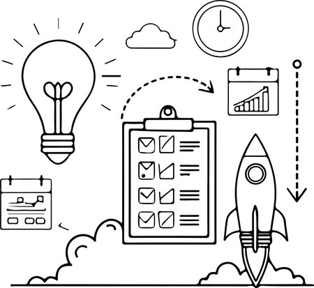 Business and startup-themed icons including innovation ideas, rocket launch, analytics, and checklist illustrations. Suitable for presentations, apps, and business branding.のイラスト素材