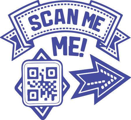 A bold and decorative QR label with ribbon elements and an arrow. Perfect for attention-grabbing promotions, signage, or online ads.のイラスト素材
