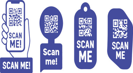 Blue key-tag style QR scan labels designed for stores, product packaging, and digital signages. Clean and modern style for marketing use.のイラスト素材
