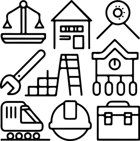 A collection of clean line-style construction icons, including tools, buildings, safety helmets, cranes, and equipment. Perfect for infographics, web design, and technical illustraのイラスト素材