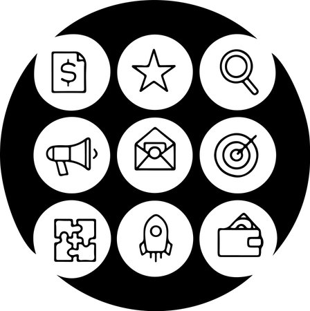 A circular set of sleek icons, featuring symbols like money, a star, a megaphone, and more. These icons are perfect for digital design, websites, and modern branding projects.のイラスト素材