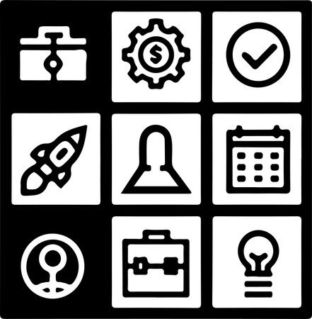 Bold black-filled icons arranged in a grid including rocket, calendar, gear, checklist, briefcase, and more. Ideal for UI and corporate design.のイラスト素材
