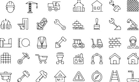 A detailed set of construction-related icons including forklifts, tractors, safety clothing, tools, and building equipment.のイラスト素材