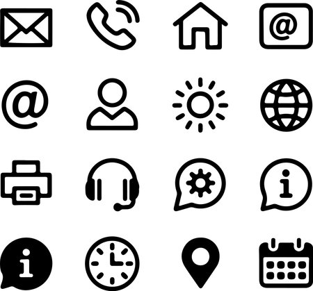Simple outline UI icons featuring contact, home, globe, user, headset, info, location, and calendar symbols for apps and websites.のイラスト素材