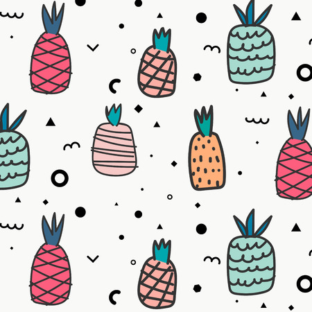 Geometric Flat And Cute Hand Drawn Pineapples Pattern.のイラスト素材