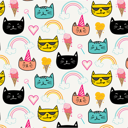 Colorful hand drawn cats vector pattern. Doodle art.のイラスト素材