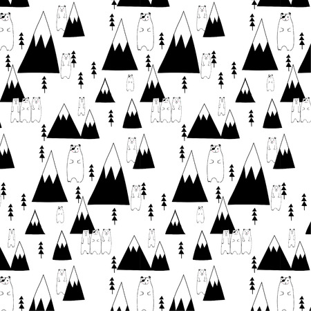 Hand Drawn Cute Bear And Forest Pattern.のイラスト素材