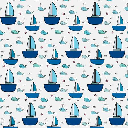 Pattern With Cute Whale And Sailboat.のイラスト素材