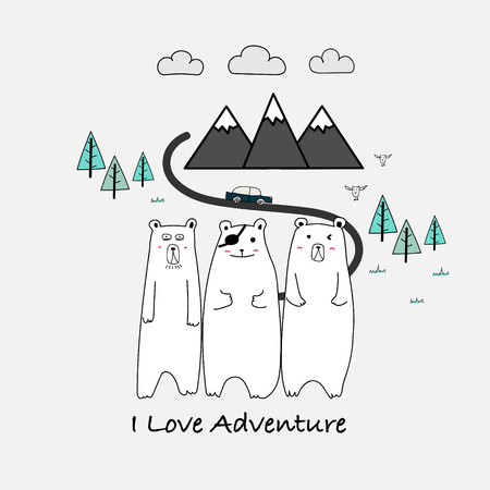 I Love Adventure typography and cute bear. Illustration vectorのイラスト素材