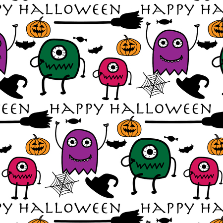 Hand Drawn Pattern With Monsters Halloween.のイラスト素材