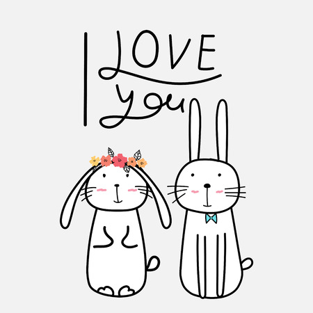 Hand Drawn Cute Bunnies With "I Love You" Typography.のイラスト素材