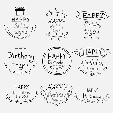 Hand Drawn Happy Birthday Typographic Set. Vector Illustration.のイラスト素材
