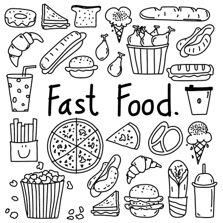 Line Hand Drawn Doodle Vector of Fast Foodのイラスト素材