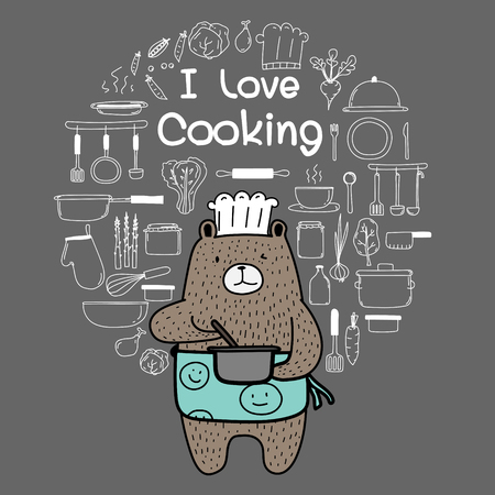 Bear chef is cooking. Brown bear wearing an blue apron say "i Love Cooking". Hand drawn doodle vector cooking set.のイラスト素材