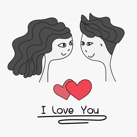 I Love You Typography. Cards Of Cute Couple. Doodle Boy And Girl Lovely Together Wedding Card. Handmade Vector Illustration.のイラスト素材