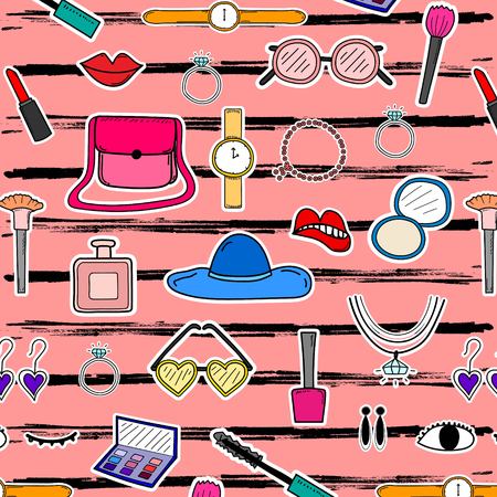 Pattern With Hand Drawn Fashion Design Elements Background. Handmade Vector Illustration.のイラスト素材