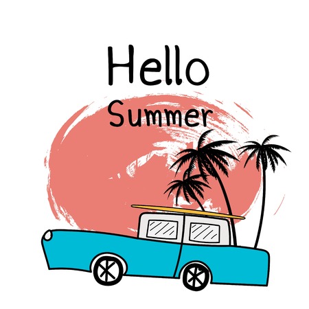 Hello Summer Holiday Typographic Illustration With Car And Tropical Plants.のイラスト素材