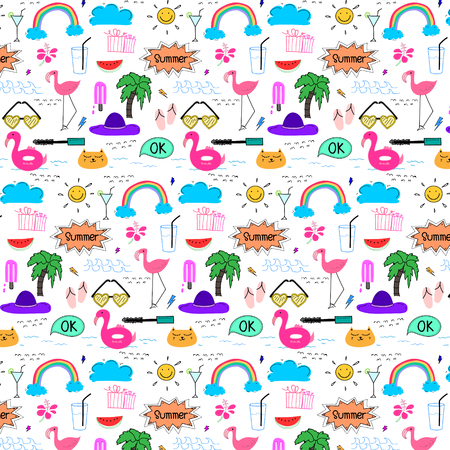 Pattern With Hand Drawn Doodle Summer Background. Doodle Funny. Handmade Vector Illustration.のイラスト素材