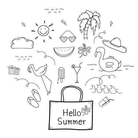 Hand Drawn Doodle Summer Vector Set. Doodle Funny Set. Handmade Vector Illustration.のイラスト素材