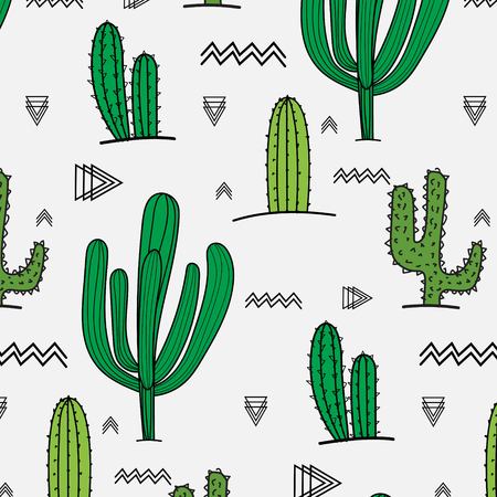 Hand Drawn Tropical Cactus Pattern. Vector Illustration Background.のイラスト素材