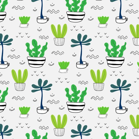 Pattern With Hand Drawn Plants In Pots. Vector Illustration Background.のイラスト素材