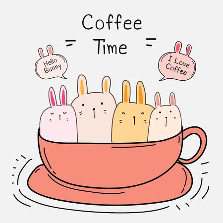 Cute Bunny In The Cup. Coffee Time Vector Illustration.のイラスト素材