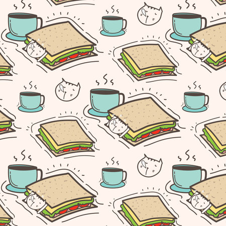 Cute Cat Sandwich And Coffee Pattern Background. Vector Illustration.のイラスト素材