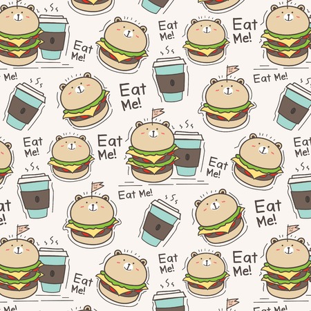 Cute Bear Burger And Coffee Cup Pattern Background. Vector Illustration.のイラスト素材