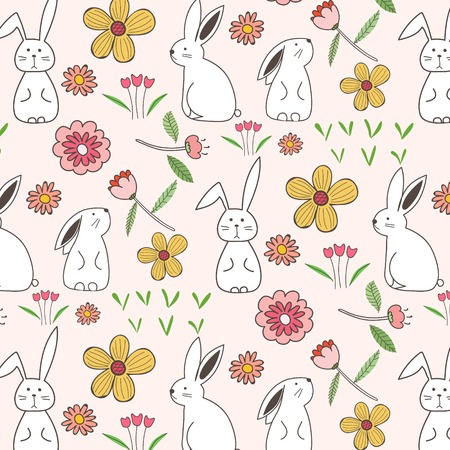 Rabbit And Flower Pattern Background. Vector Illustration.のイラスト素材