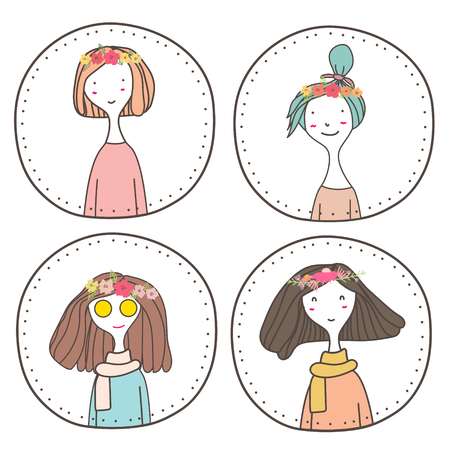 Set of cute girls character design, Cute girl stamp, Vector illustration.のイラスト素材