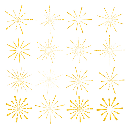 Set of golden sunburst style isolated on white background, Bursting rays vector illustration.のイラスト素材