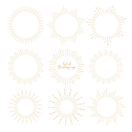 Set of golden sunburst style isolated on white background, Bursting rays vector illustration.のイラスト素材