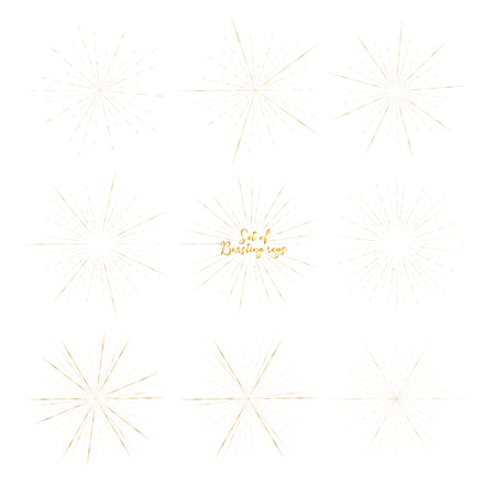 Set of golden sunburst style isolated on white background, Bursting rays vector illustration.のイラスト素材