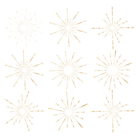 Set of golden sunburst style isolated on white background, Bursting rays vector illustration.のイラスト素材