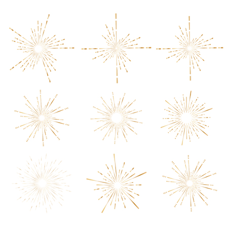 Set of golden sunburst style isolated on white background, Bursting rays vector illustration.のイラスト素材