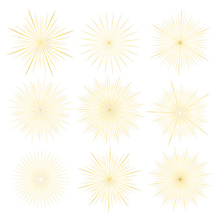 Set of golden sunburst style isolated on white background, Bursting rays vector illustration.のイラスト素材