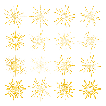 Set of golden sunburst style isolated on white background, Bursting rays vector illustration.のイラスト素材