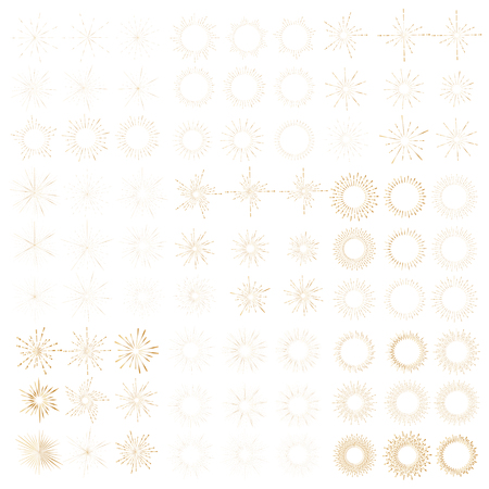 Set of golden sunburst style isolated on white background, Bursting rays vector illustration.のイラスト素材