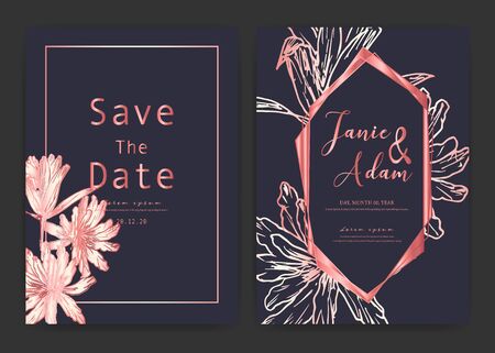 Save the date wedding card. Wedding invitation cards with hand drawn botanical. Modern card design vector illustration.のイラスト素材