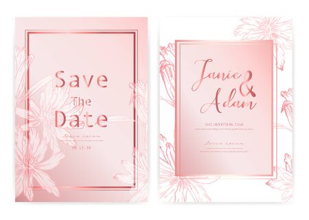 Save the date wedding card. Wedding invitation cards with hand drawn botanical. Modern card design vector illustration.のイラスト素材