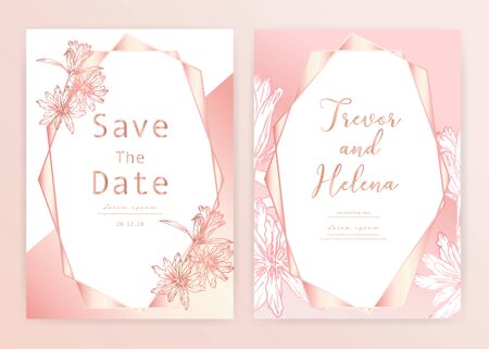Save the date wedding card. Wedding invitation cards with hand drawn botanical. Modern card design vector illustration.のイラスト素材