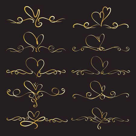 Set Of Heart Decorative Calligraphic Elements For Decoration. Handmade Vector Illustration.のイラスト素材
