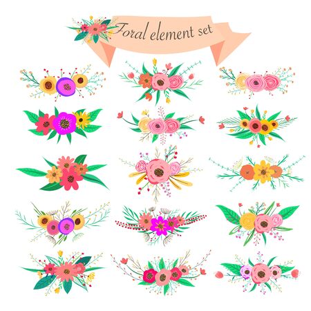 Floral element set. Vector decorative flower and leaf. Spring elements.のイラスト素材