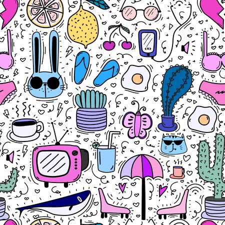 Doodle Cartoon Seamless Pattern Background For Kid. Vector illustration for fabric and gift wrap paper design.のイラスト素材