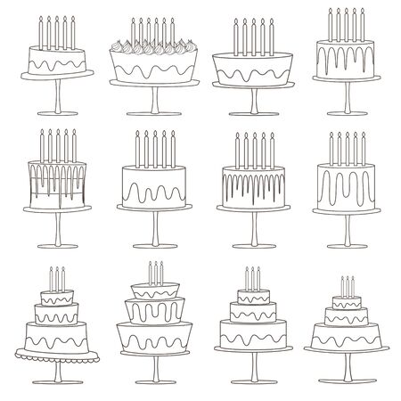 Set of birthday cakes, Sweet collection on white background. Vector illustration.のイラスト素材