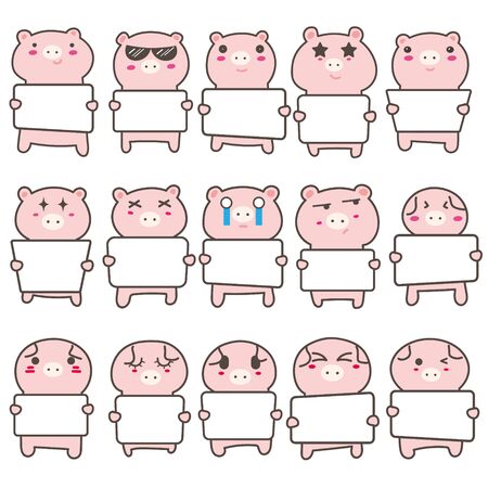 Set of cute pig holding a billboard design. Vector illustration.のイラスト素材